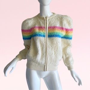 Colorful Nostalgia: Vintage 1980s Gitano Rainbow Fluffy Bomber Jacket Medium